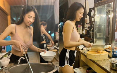 泰國曼谷街頭驚見超正老闆娘，天熱穿「小背心+真理褲」下麵 …客人急朝聖：越吃越上火